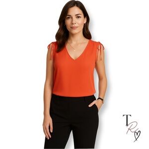 Ann Taylor LOFT Sleeveless V-Neck Tie Shoulder Top in Coral/Orange Size XS